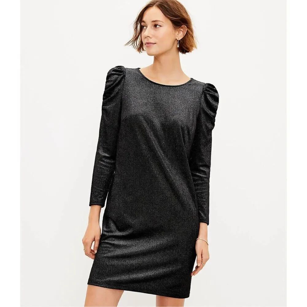 Loft Shimmer Ruched Sleeve Dress black with gold shimmer stretch shift sz S NWT